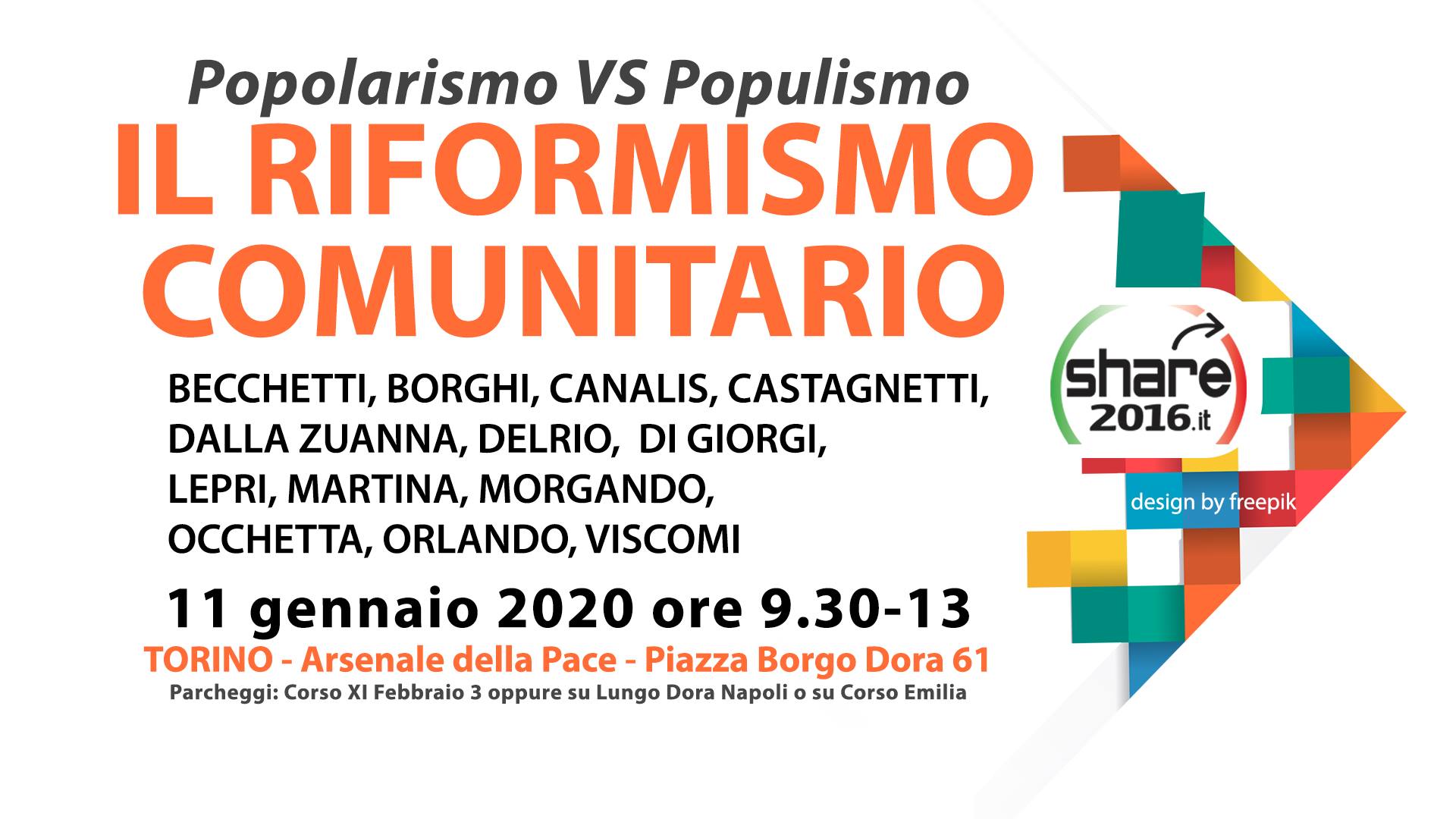 Il riformismo comunitario – Popolarismo VS Populismo. Torino, 11 gennaio 2020